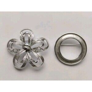 Vintage Crown Trifari Brooch Pins Lot Of 2 Silver Tone Flower Circle ~2"